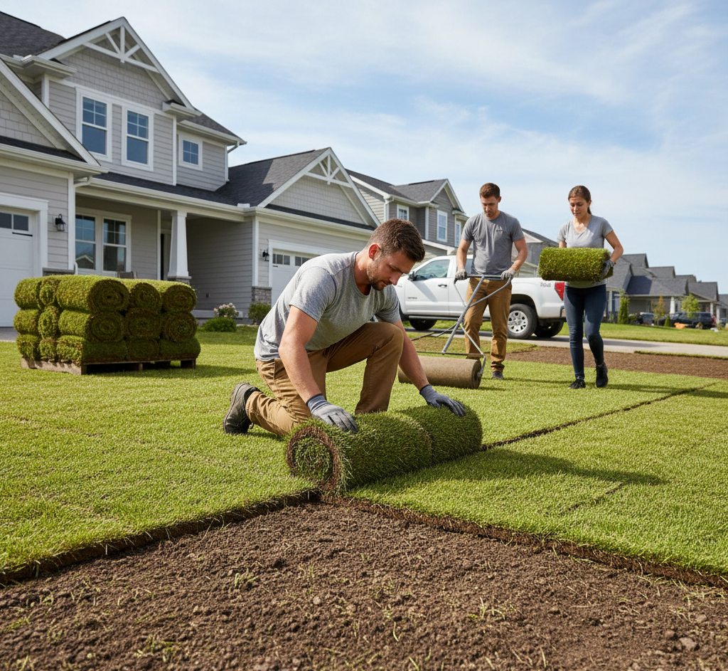 Fresh sod installation
